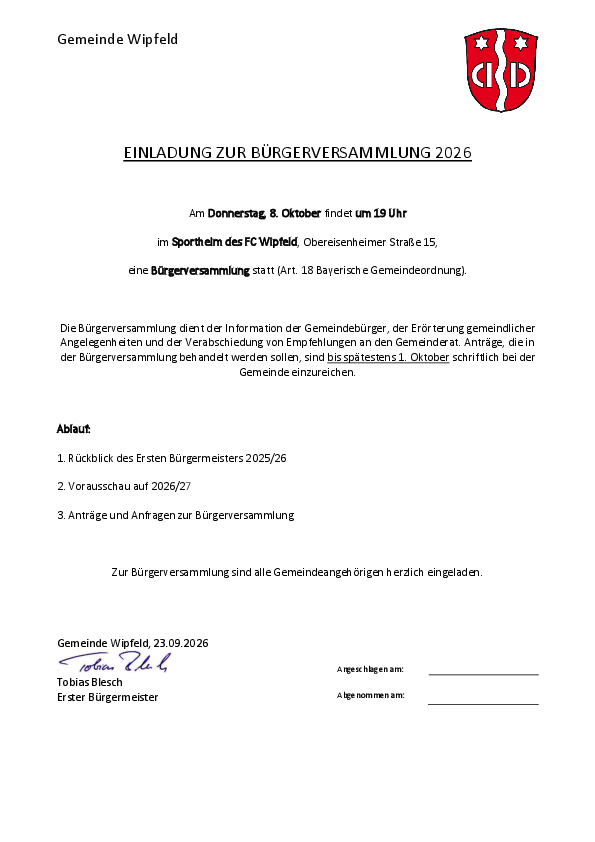 Einladung zur Bürgerversammlung 2026